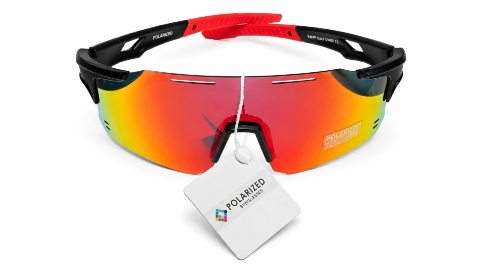 Sportovní polarizační unisex sluneční brýle ZHglasses 9351P s ohnivým červeno-žlutým zrcadlovým štítem, černý polorám, UV400, Cat.3