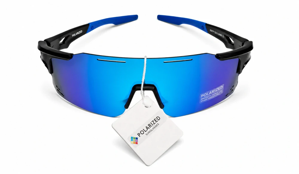 Sportovní polarizační unisex sluneční brýle ZHglasses 9351P s modro-fialovým zrcadlovým štítem, černý polorám, UV400, Cat.3