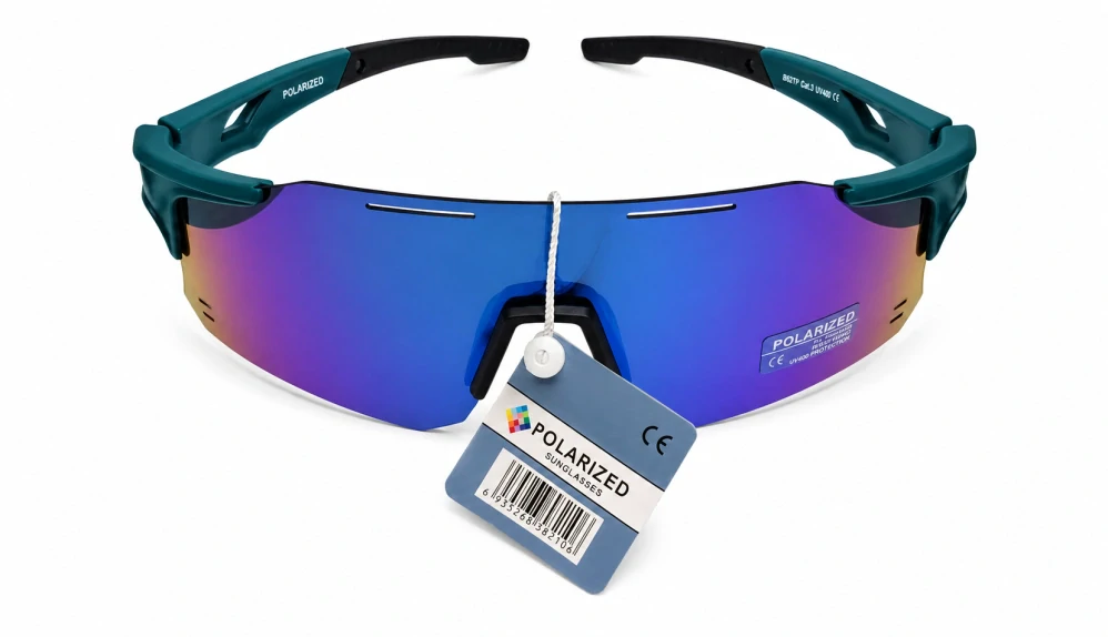 Sportovní polarizační unisex sluneční brýle ZHglasses 9351P se zeleno-modro-fialovým zrcadlovým štítem, petrolejový polorám, UV400, Cat.3