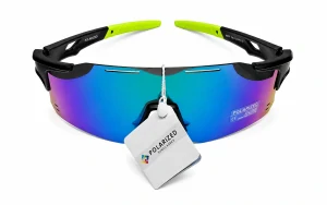 Sportovní polarizační unisex sluneční brýle ZHglasses 9351P se zeleno-modro-fialovým zrcadlovým štítem, černý polorám, UV400, Cat.3