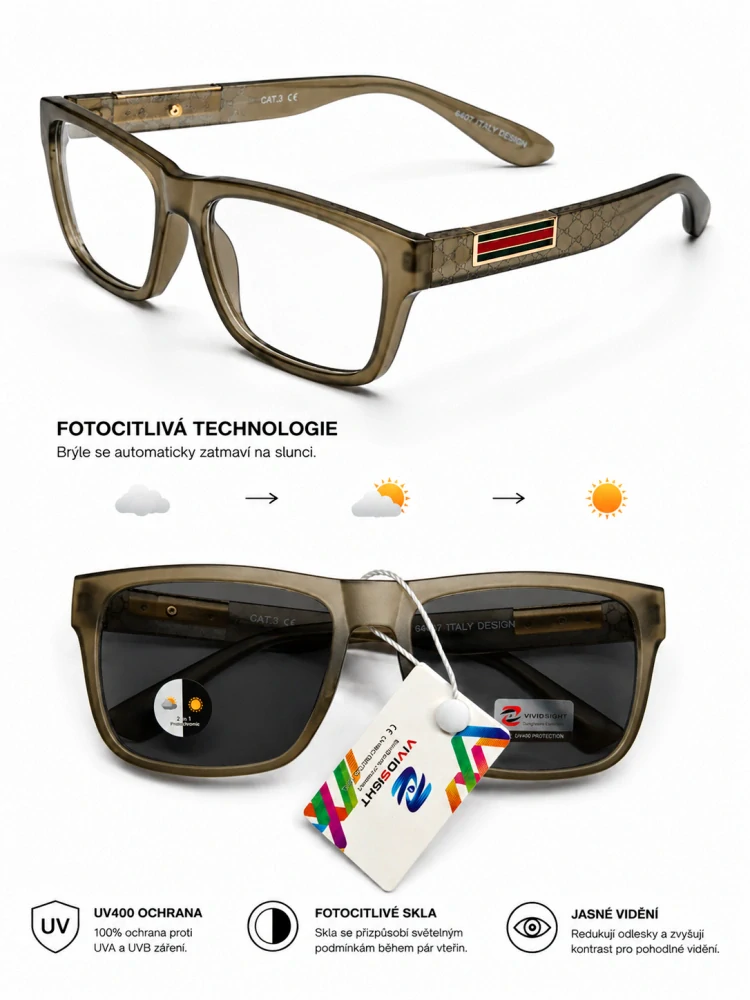 Samozatmavovací sluneční brýle VIVIDSIGHT 6407, zelenohnědý rámeček, UV400, Cat.3, unisex