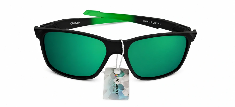 Polarizační unisex sluneční brýle ZHglasses C04-6410 se smaragdově zeleným zrcadlem, fialovo-šedá skla, matný černý rámeček, UV400, Cat.3