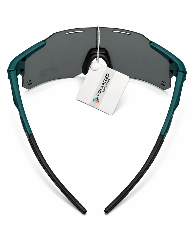 Sportovní polarizační unisex sluneční brýle ZHglasses 9351P se zeleno-modro-fialovým zrcadlovým štítem, petrolejový polorám, UV400, Cat.3