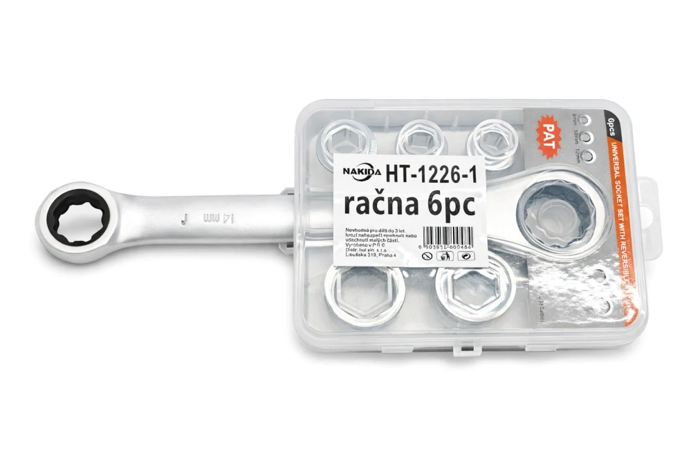 Nakida HT-1226 Sada ráčnových klíčů s adaptéry 8-19mm, 6ks, CrV, délka 21cm
