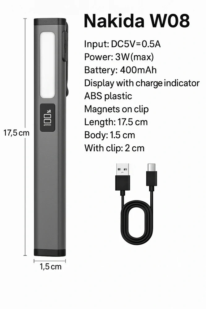Nakida W08 dílenská inspekční COB LED svítilna, USB-C, šedá